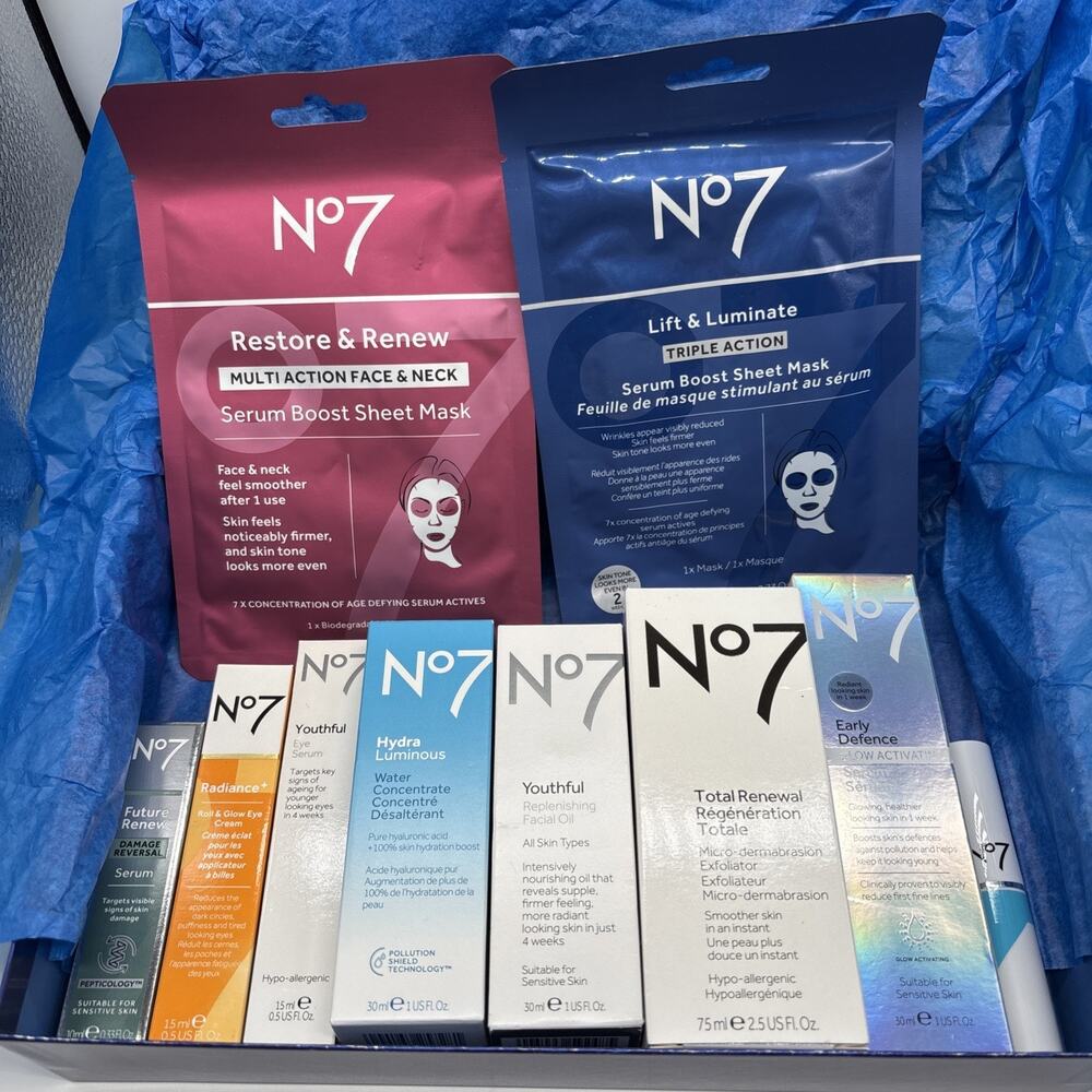 NO7 Skincare Lot 10 Piece Bundle Future Renew Radiance Serum Eye Cream Sheet